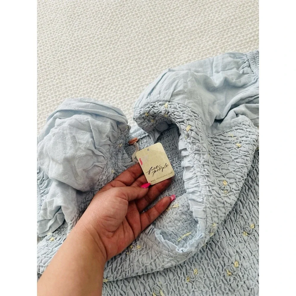 Free People Cecelia Puff Sleeve Smocked embroidered‎ Rosette Cute Top Size L $98